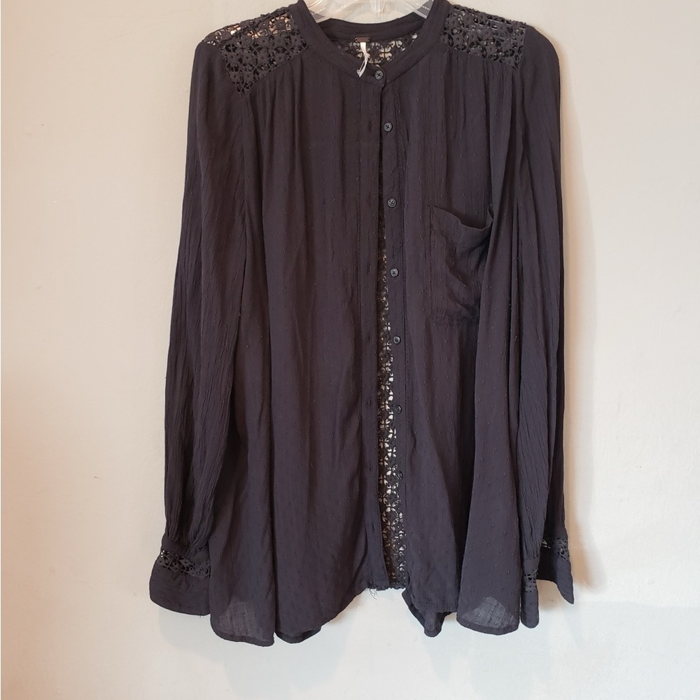 Free People Black Lace Detail Blouse - Picture 2 of 4